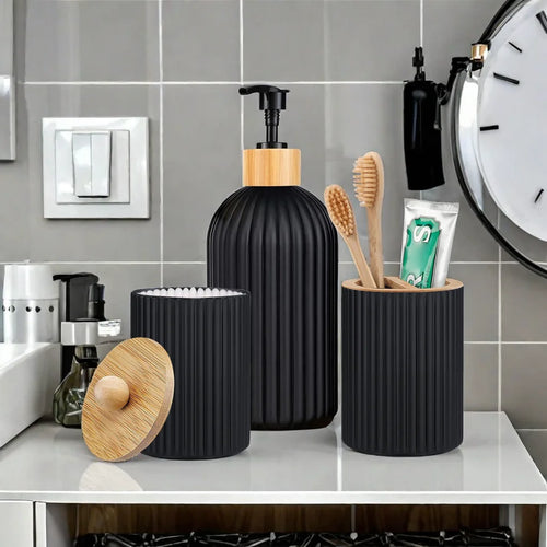 Bathroom Countertop Organizer – Ribbed Soap Dispenser & Toothbrush Holder Set | Cotton Ball Storage | Modern Bathroom Decor