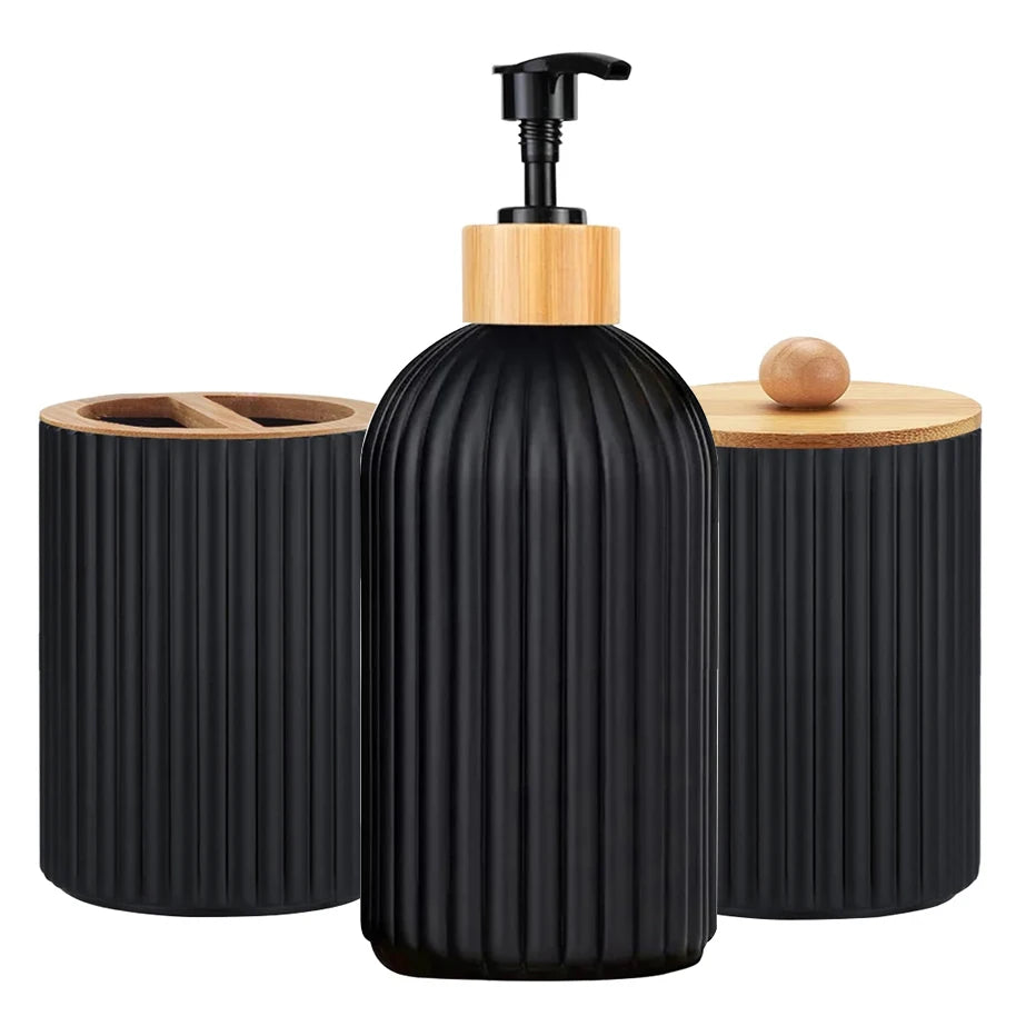 Bathroom Countertop Organizer – Ribbed Soap Dispenser & Toothbrush Holder Set | Cotton Ball Storage | Modern Bathroom Decor