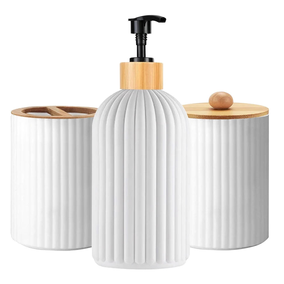 Bathroom Countertop Organizer – Ribbed Soap Dispenser & Toothbrush Holder Set | Cotton Ball Storage | Modern Bathroom Decor