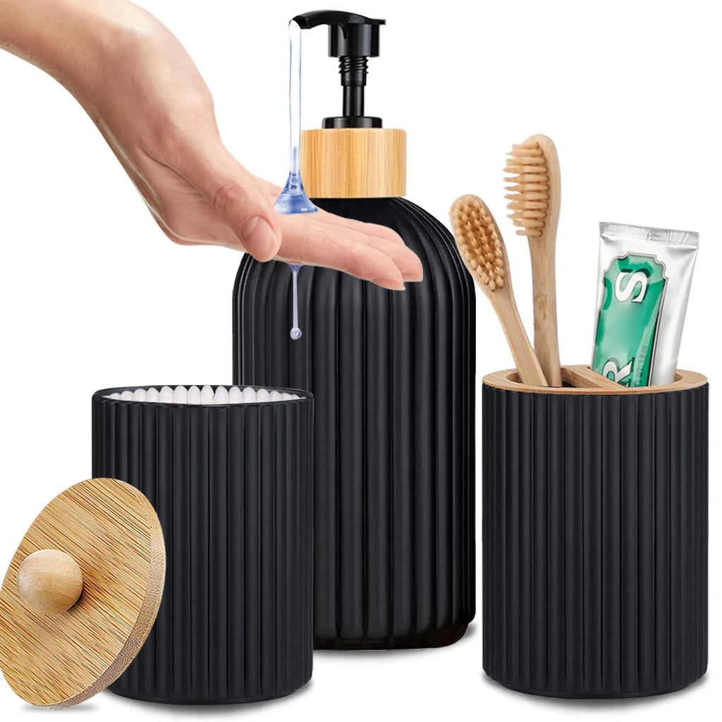 Bathroom Countertop Organizer – Ribbed Soap Dispenser & Toothbrush Holder Set | Cotton Ball Storage | Modern Bathroom Decor
