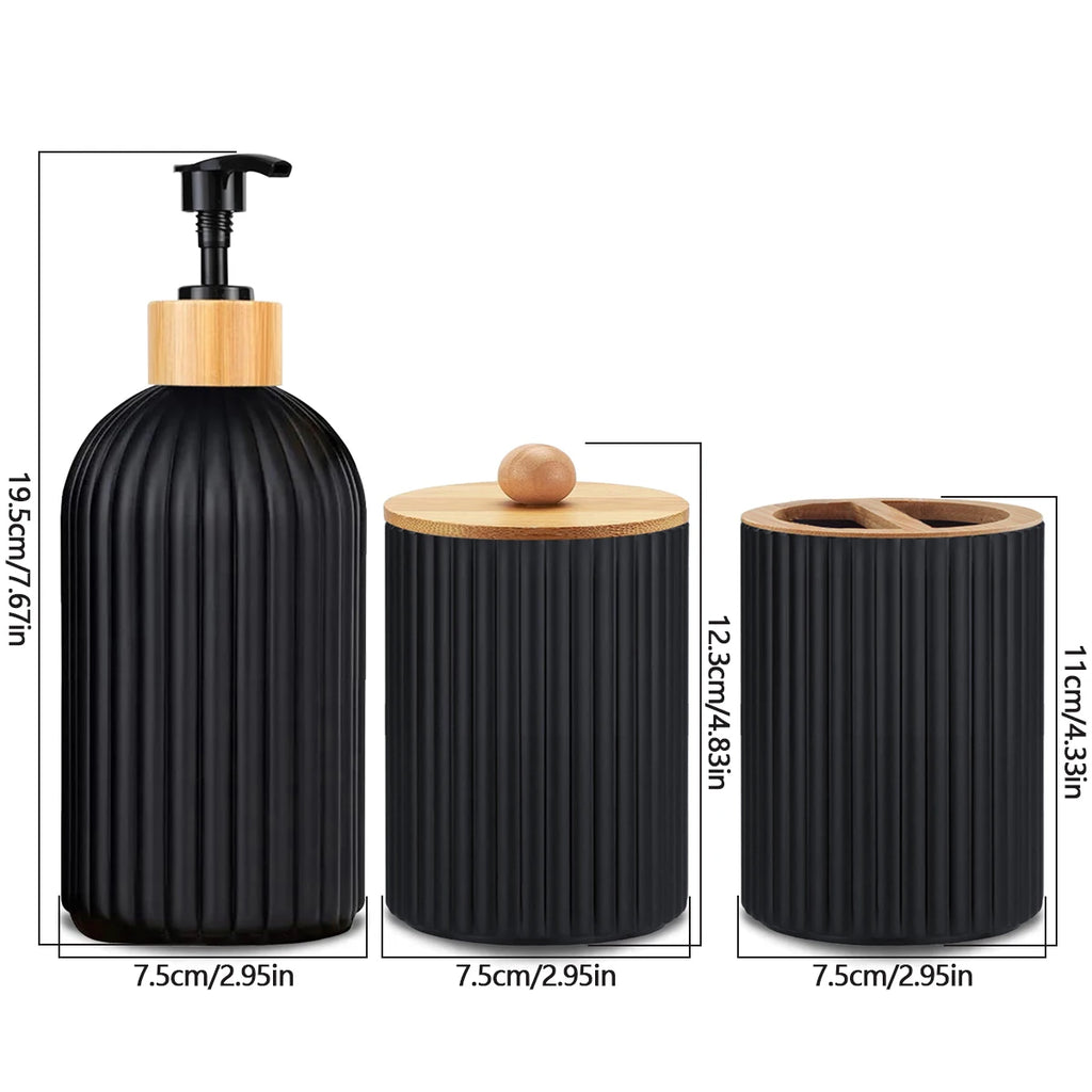 Bathroom Countertop Organizer – Ribbed Soap Dispenser & Toothbrush Holder Set | Cotton Ball Storage | Modern Bathroom Decor