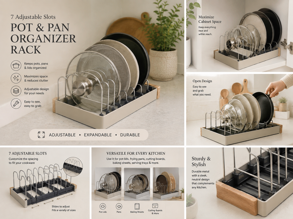 Tidy Haven Adjustable 7-Slot Pot & Pan Lid Organizer Rack